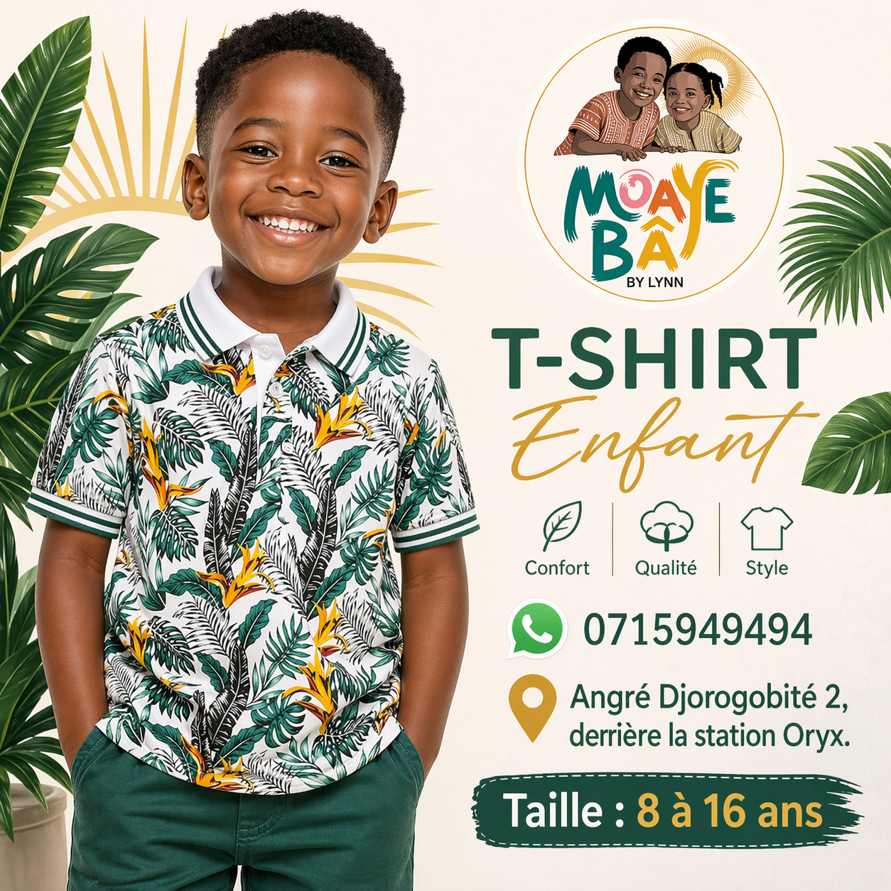 Polo garçon Tropical Feuilles et Fleurs