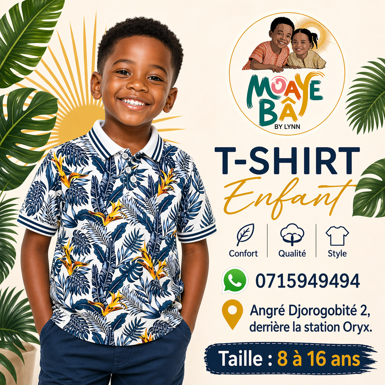 Polo garçon Tropical Feuilles et Fleurs