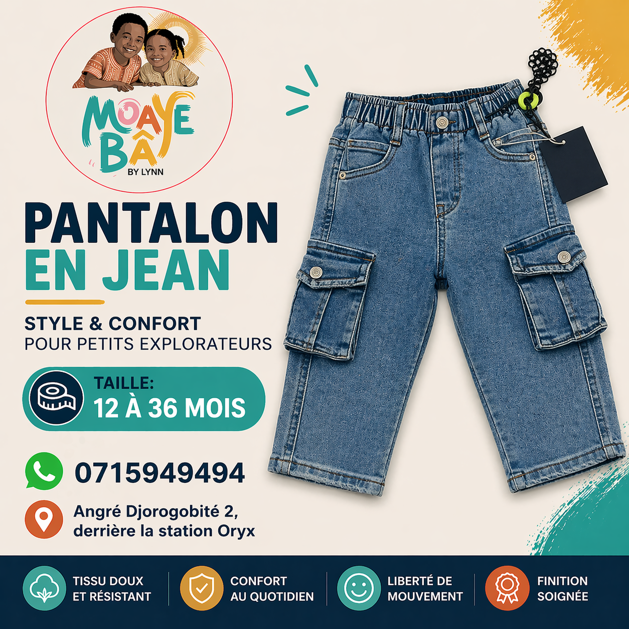 Pantalon Cargo en Jean Garçon - Bleu Délavé