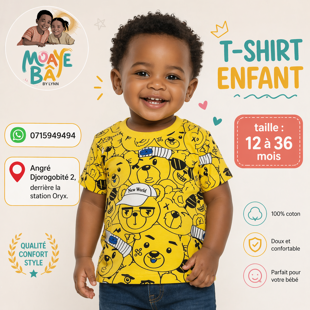 T-shirt garçon Ours Jaune "New World"