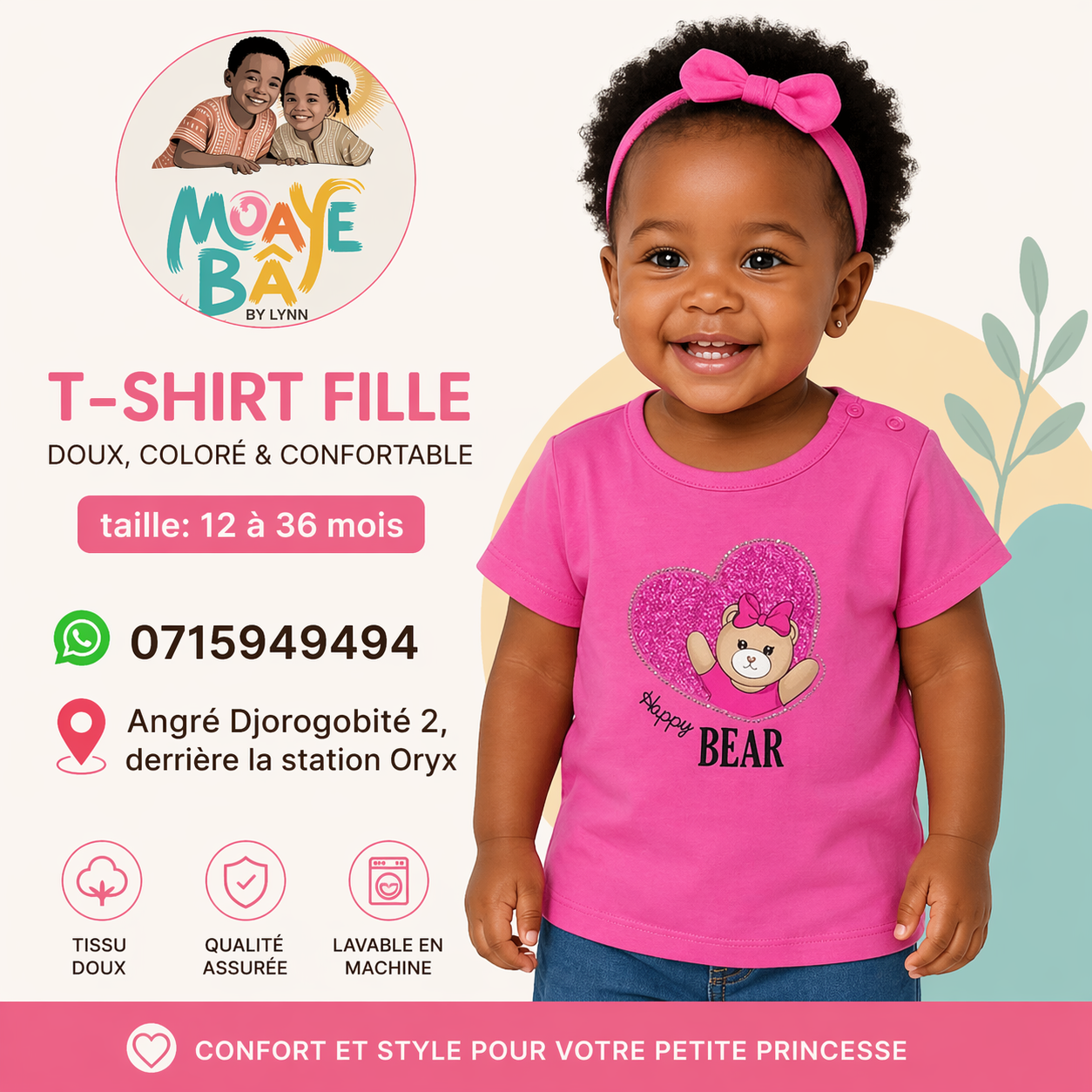 T-shirt Happy Bear Rose pour Fille