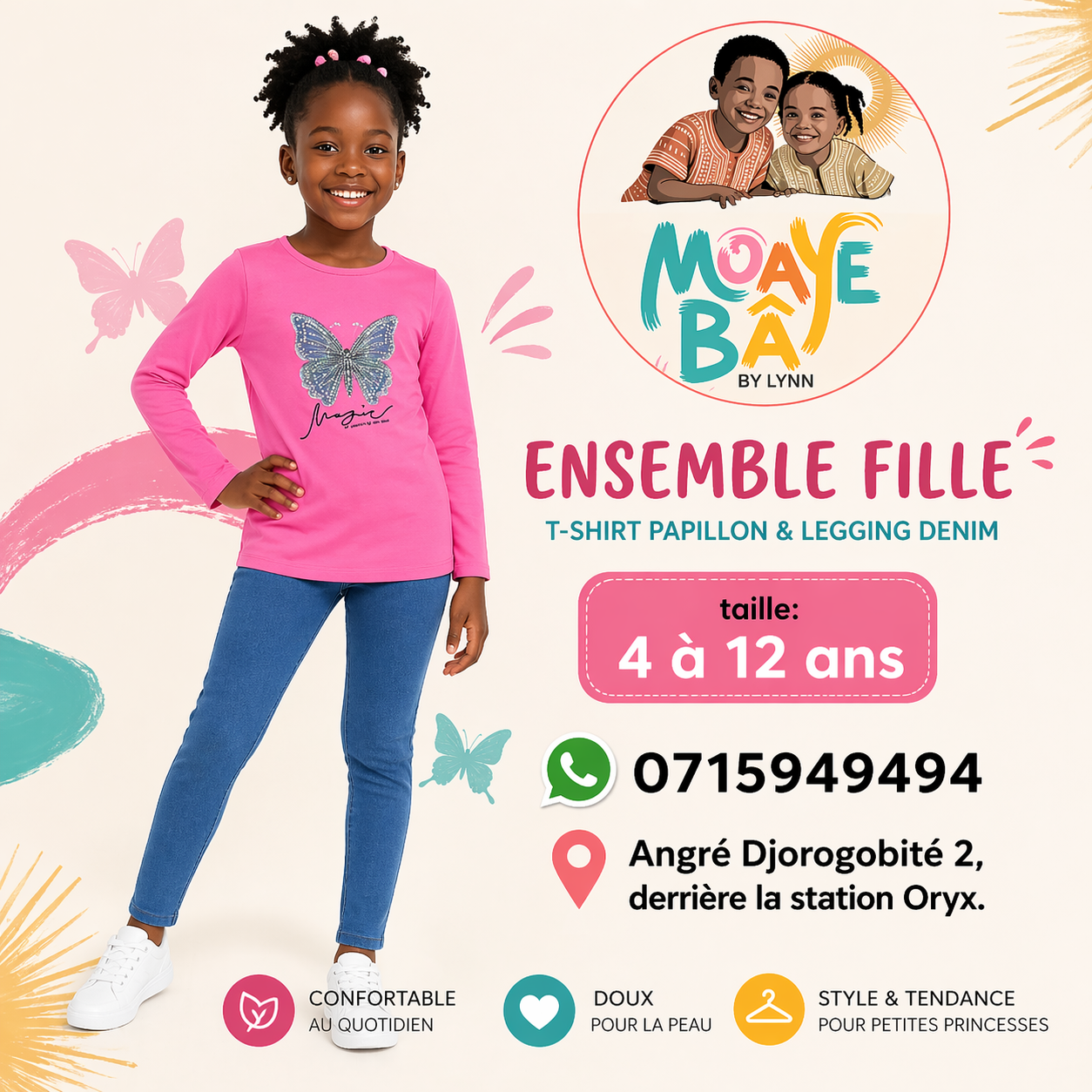 Ensemble Papillon Rose et Jean - Tenue Coordonnée Fille