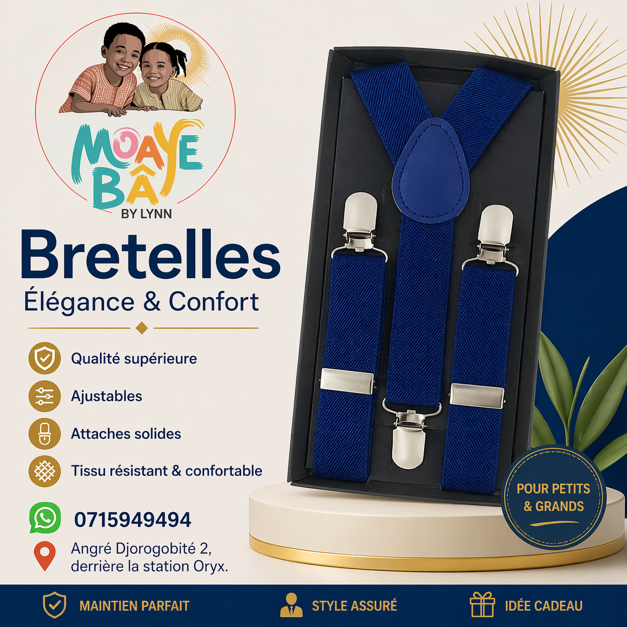 Bretelles Élastiques Ajustables - Bleu Marine & Noir - Accessoire Cérémonie Enfant