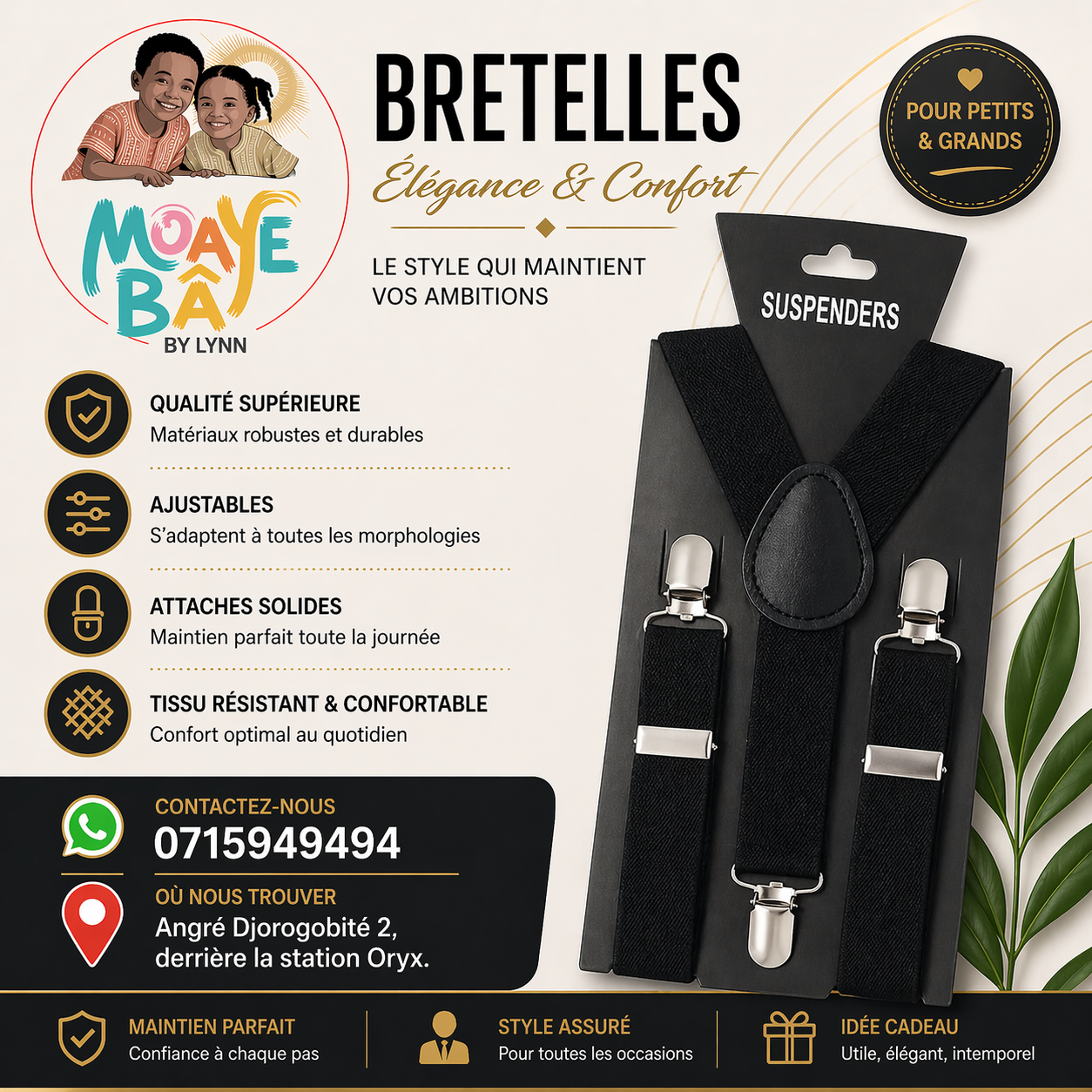 Bretelles Élastiques Ajustables - Bleu Marine & Noir - Accessoire Cérémonie Enfant