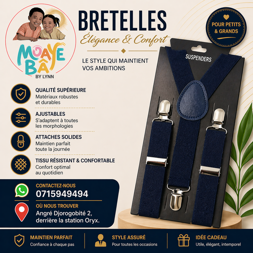 Bretelles Élastiques Ajustables - Bleu Marine & Noir - Accessoire Cérémonie Enfant