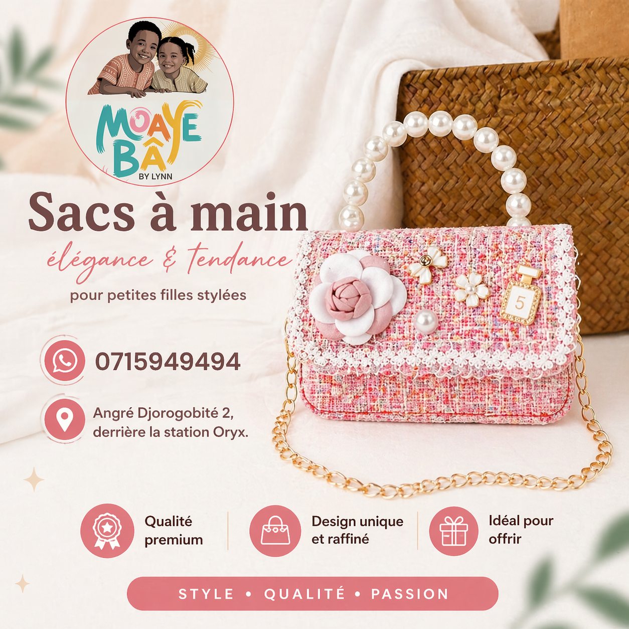 Mini Sac à Main Perles Rose avec Fleur - Accessoire Enfant Élégant