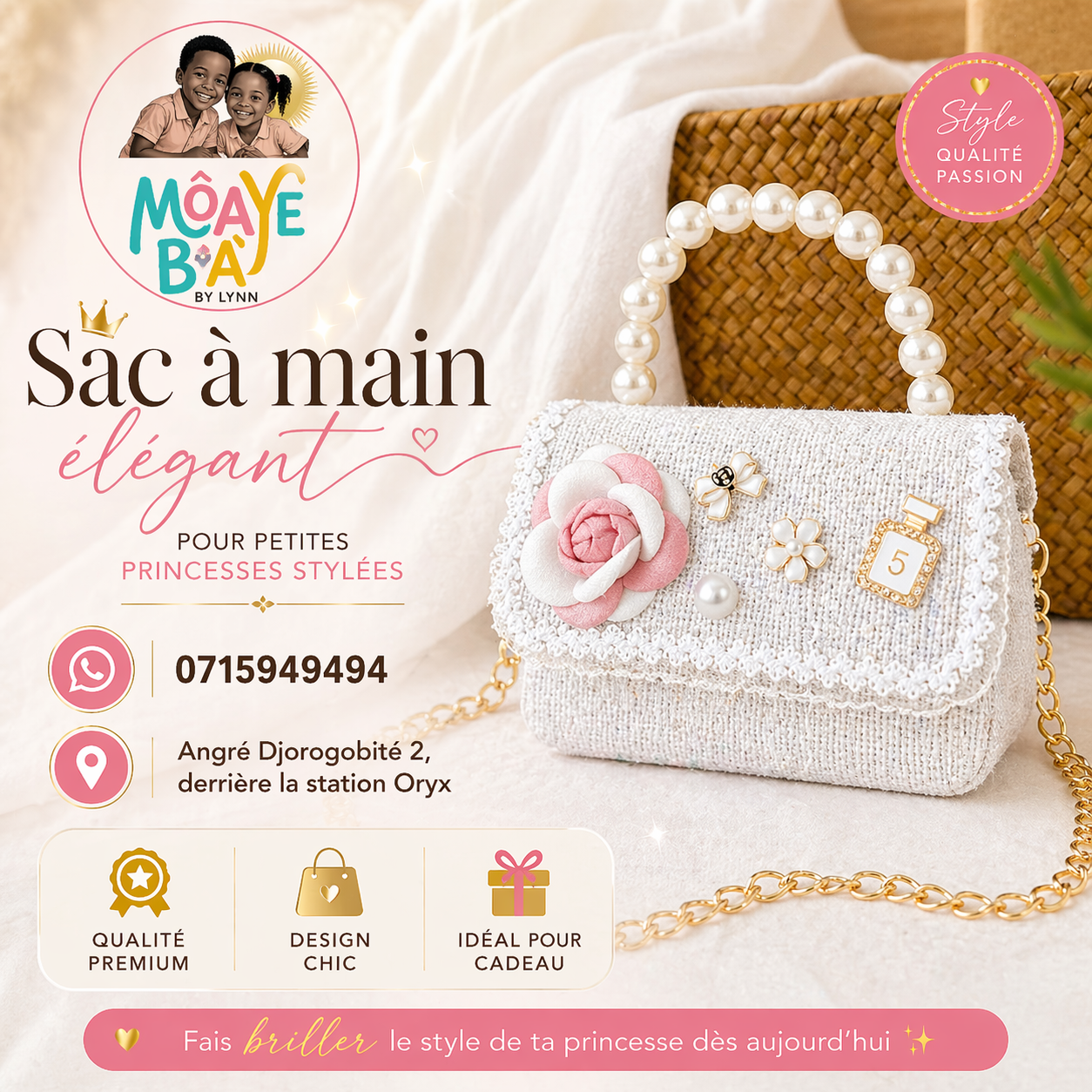 Mini Sac à Main Perles Rose avec Fleur - Accessoire Enfant Élégant