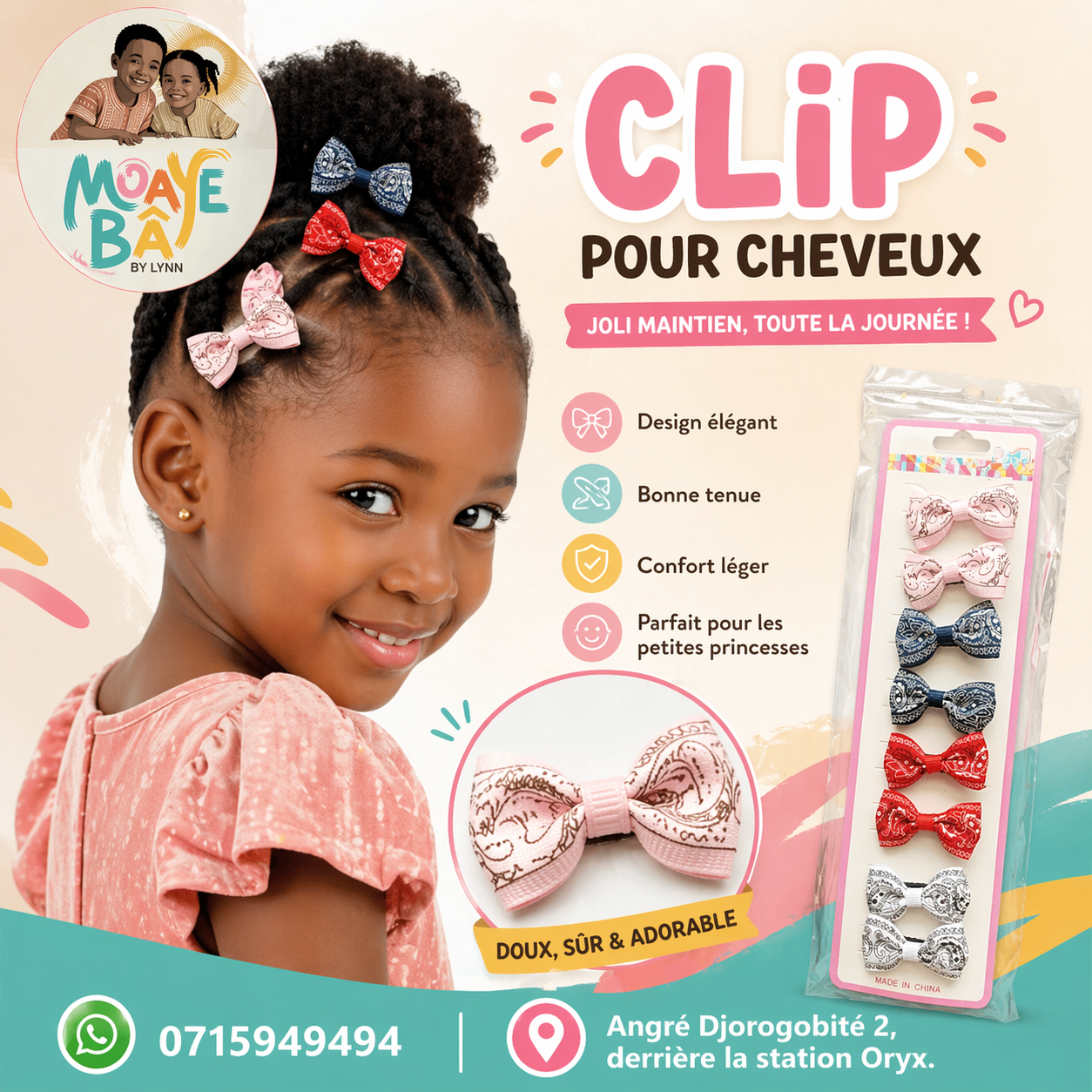 Clips pour Cheveux – Set de 6 Nœuds Élégants pour Petites Filles