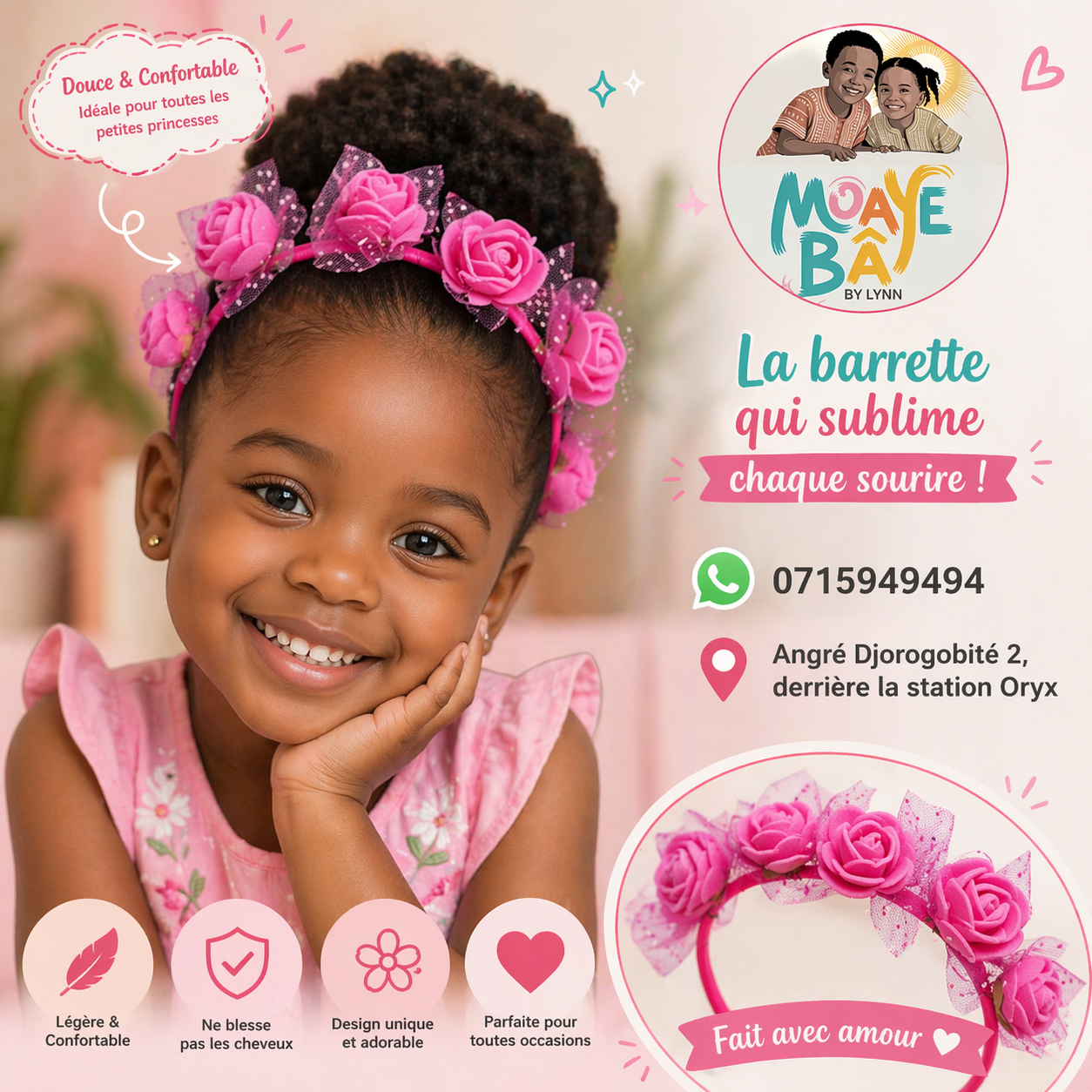 Serre-tête Fleurs Roses – Accessoire Cheveux Fille | MOAYÉ BÂ
