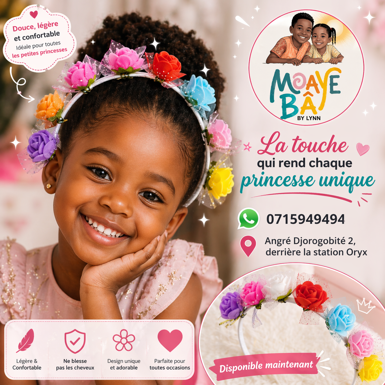 Serre-tête Fleurs Roses – Accessoire Cheveux Fille | MOAYÉ BÂ