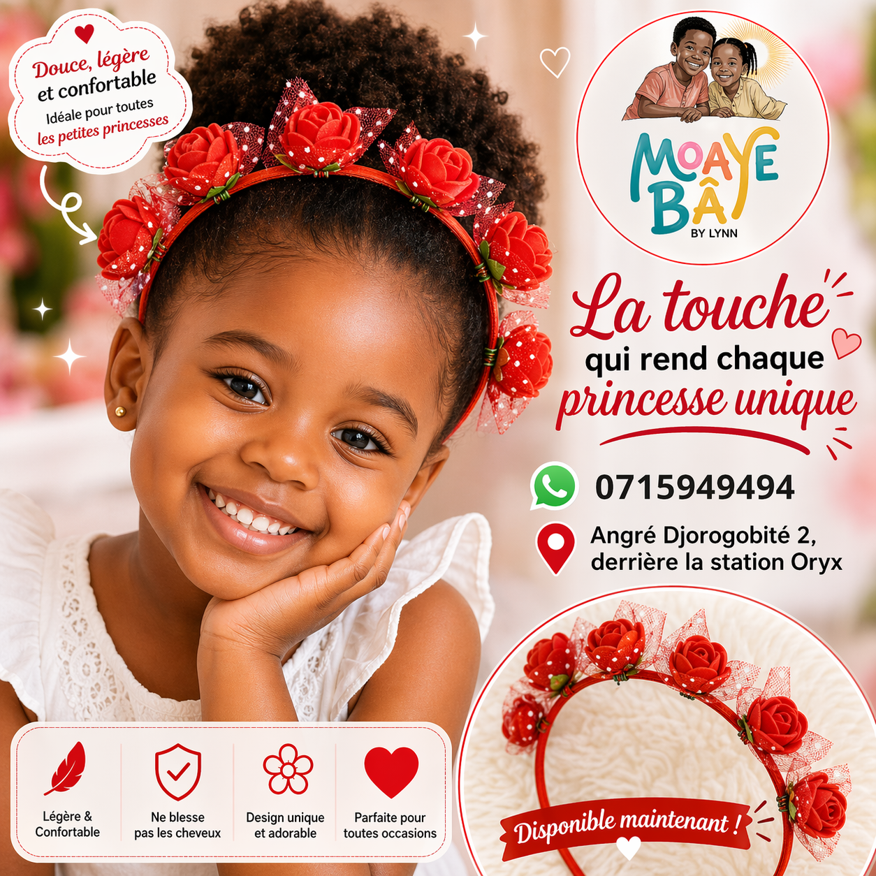 Serre-tête Fleurs Roses – Accessoire Cheveux Fille | MOAYÉ BÂ