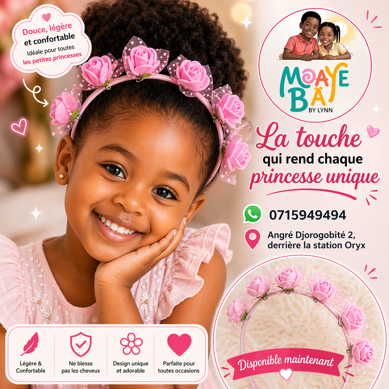 Serre-tête Fleurs Roses – Accessoire Cheveux Fille | MOAYÉ BÂ