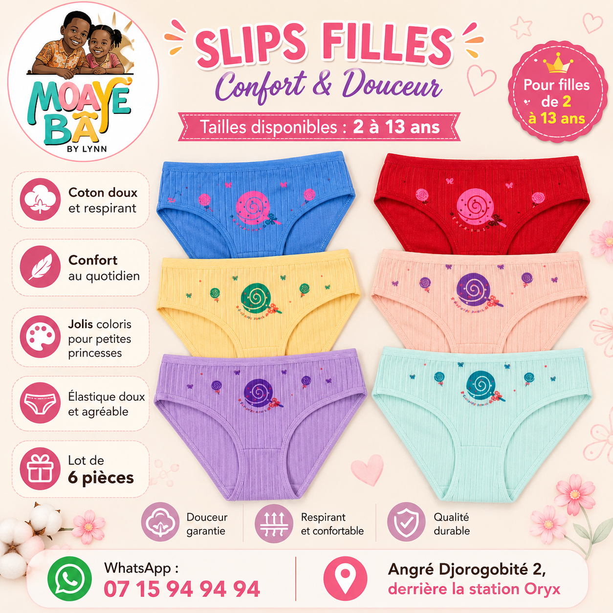 Slips Filles Confort & Douceur – Lot de 3 Pièces | Tailles 2 à 12 ans REF 8784 (Copie)