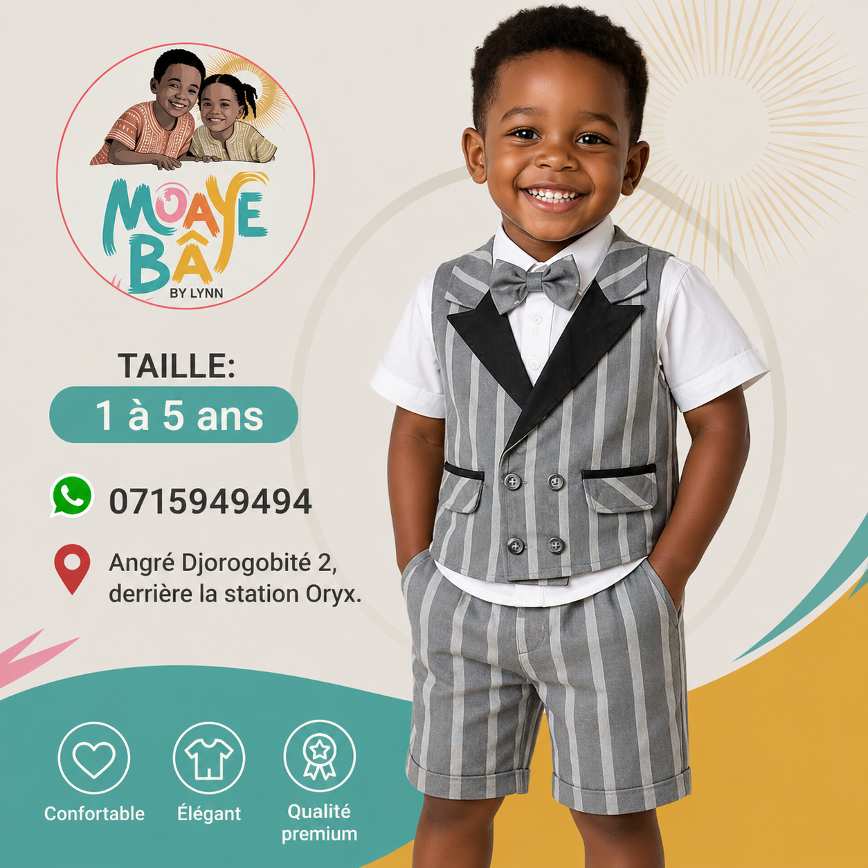 Costume Cérémonie Garçon 2 Pièces – Gilet Rayé & Short | 1 à 5 ans