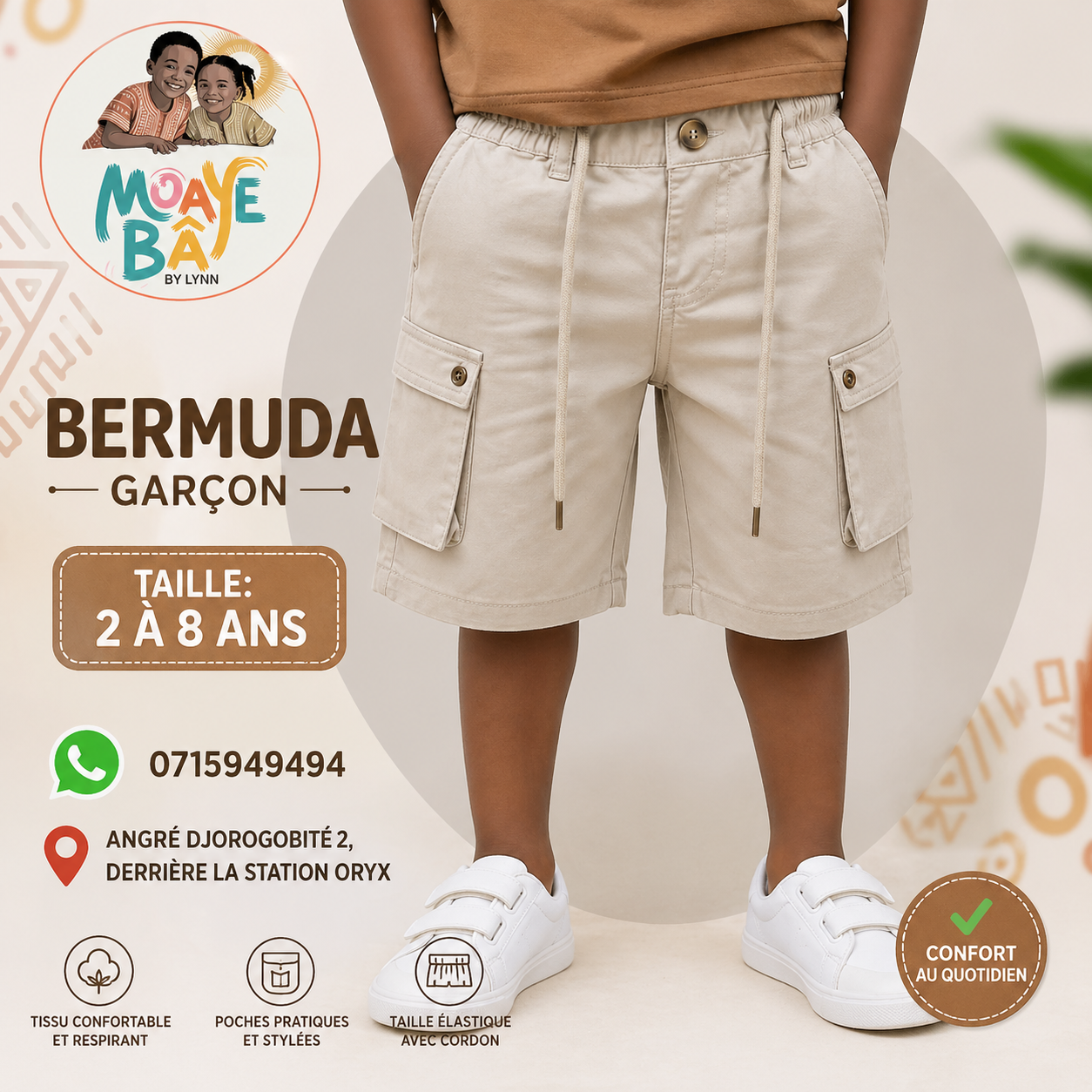 Bermuda Cargo Garçon | Tissu Confortable | 2 à 8 Ans