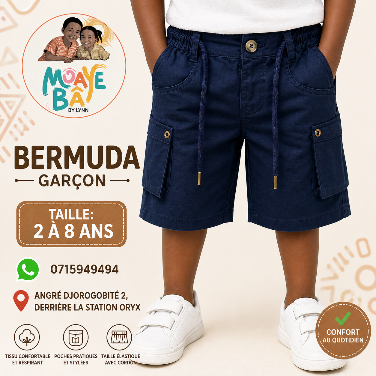Bermuda Cargo Garçon | Tissu Confortable | 2 à 8 Ans