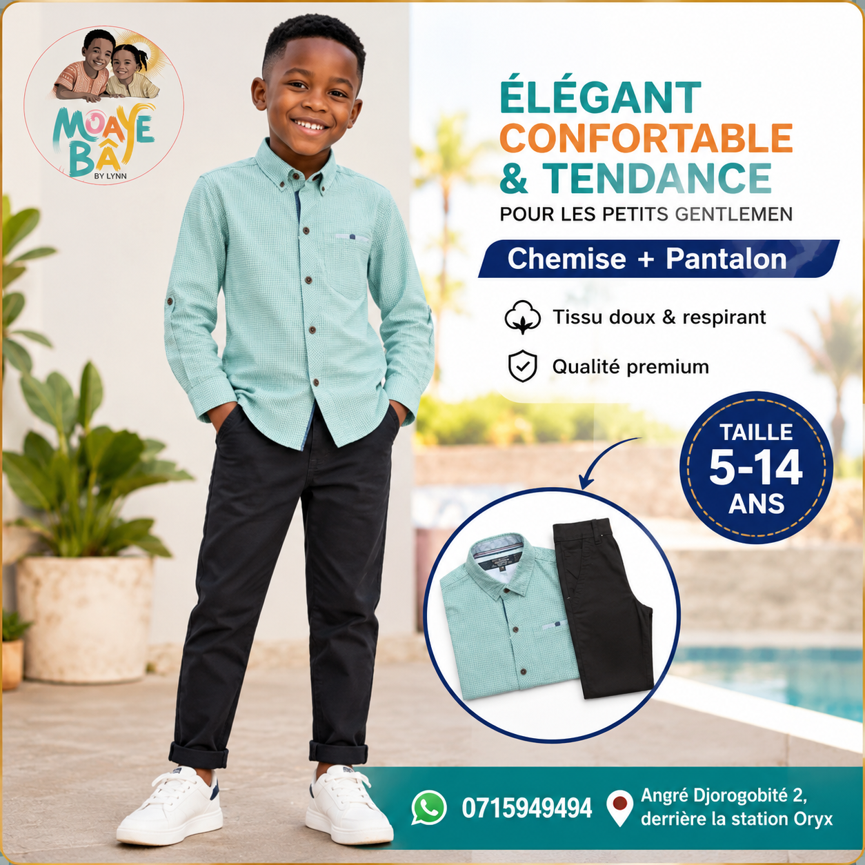 Ensemble chemise verte + pantalon noir garçon MOAYÉ BÂ by Lynn