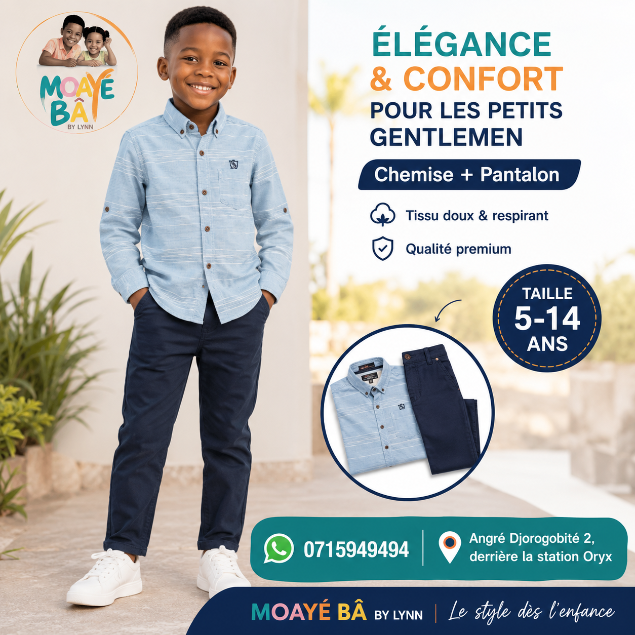 Ensemble chemise bleue + pantalon marine garçon MOAYÉ BÂ by Lynn