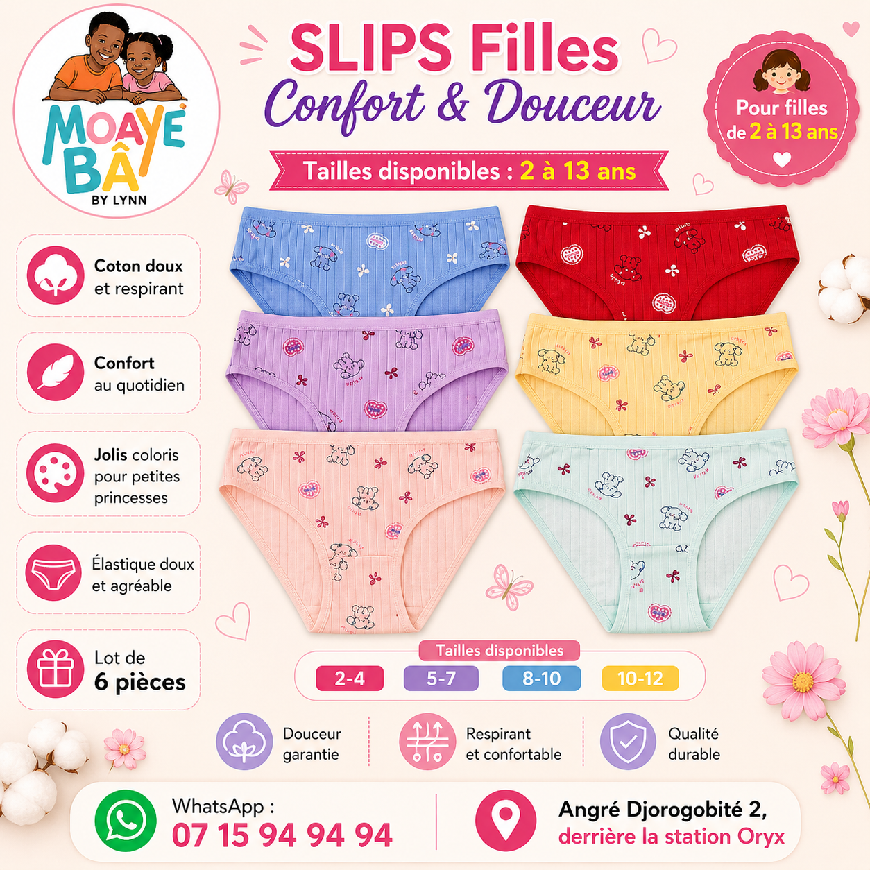 Lot de 3 Slips Filles – Confort & Douceur | 2 à 13 ans