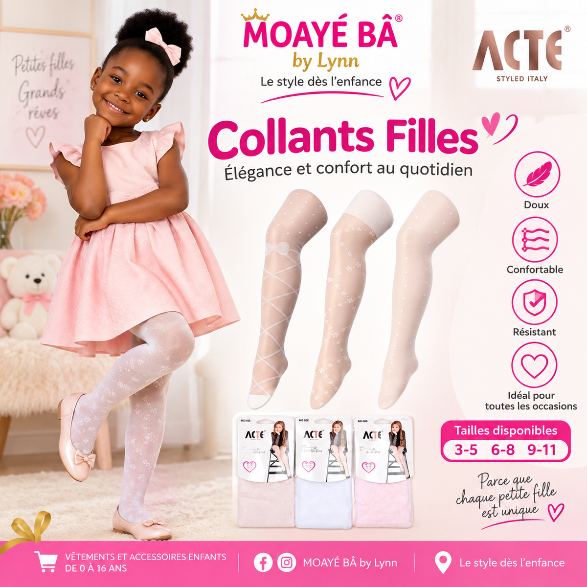 Collants fille ACTE à motifs délicats, référence E82, présentés avec une robe rose.