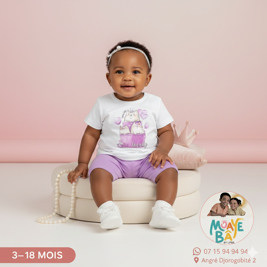 Ensemble Bébé Licorne "So Lovely" - T-shirt Blanc et Short Violet (3-18 mois)