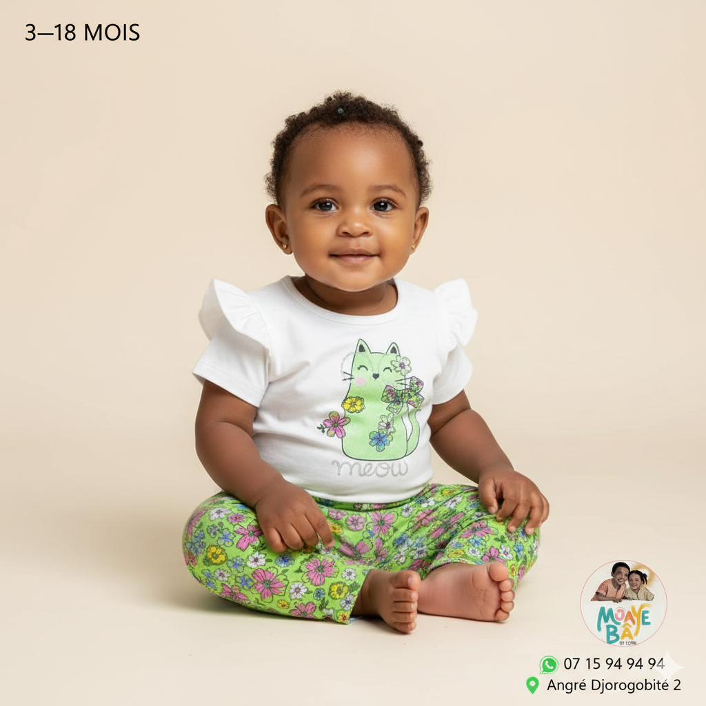 Ensemble Bébé Chat Fleuri 3-18 Mois