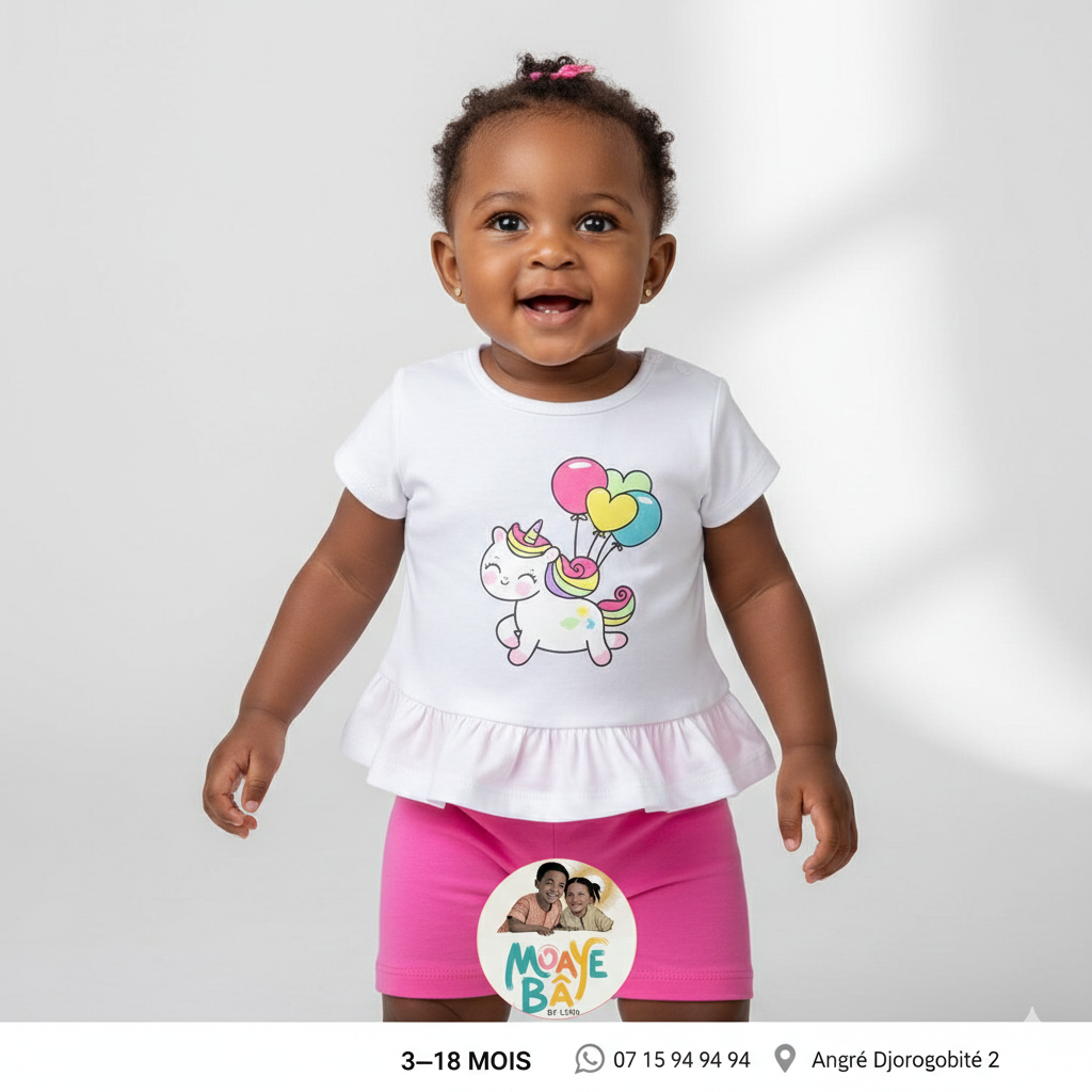 Ensemble Licorne Ballons - T-shirt à Volant et Short (3-18 mois)