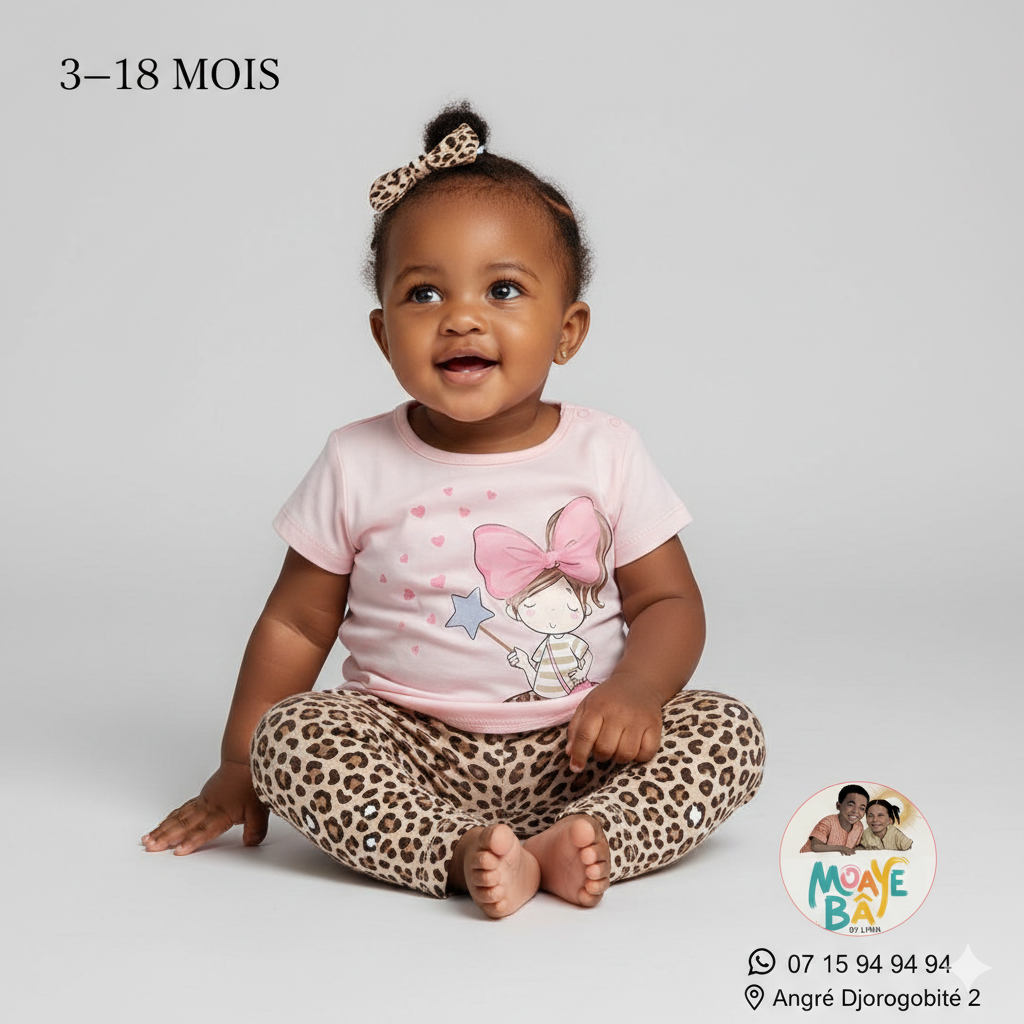 Ensemble Bébé Fille 3-18 Mois - T-shirt Nœud et Pantalon Léopard