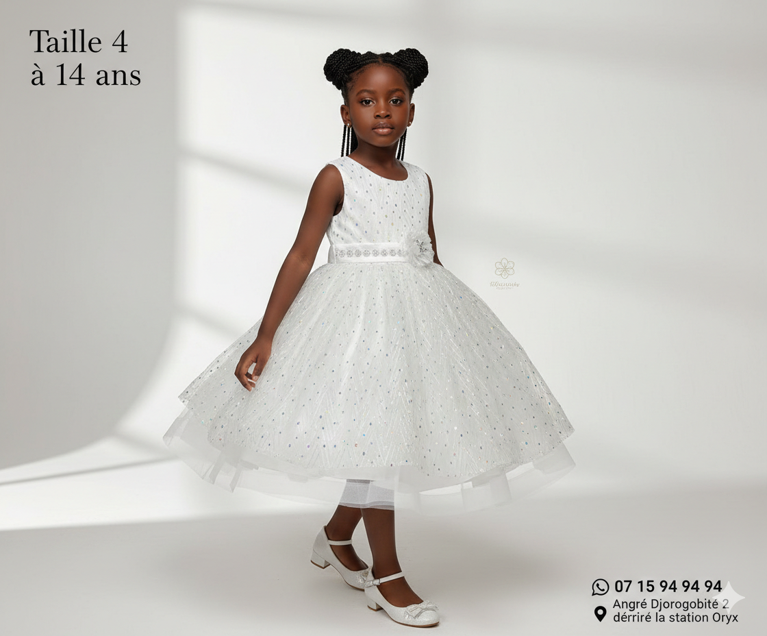 Robe de Cérémonie Fille Blanche Pailletée - Taille 4 à 14 ans