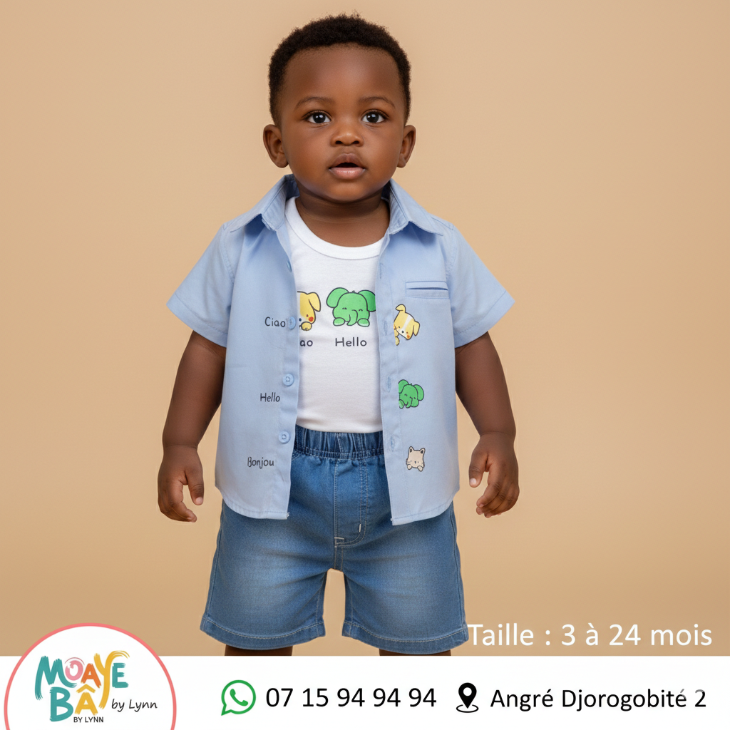 Ensemble Garçon Chemise Bleue et Short Jean - 3 à 24 mois
