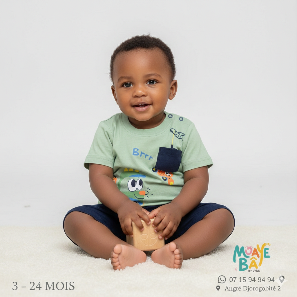 Ensemble T-shirt et Short Garçon 3-24 Mois - Vert Menthe et Bleu Marine