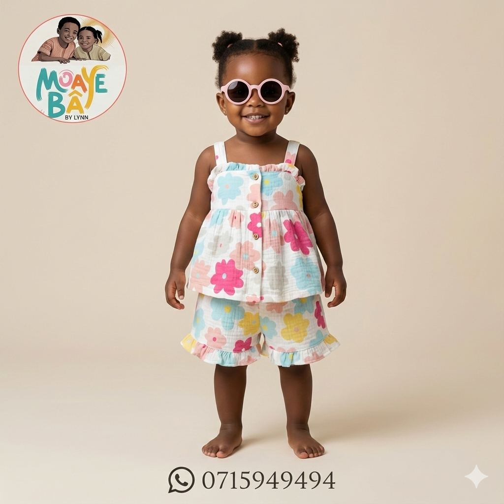 Ensemble 2 pièces Bébé Fille – Top & Bloomer Imprimé Feuilles Bleu Ciel (Promotion)