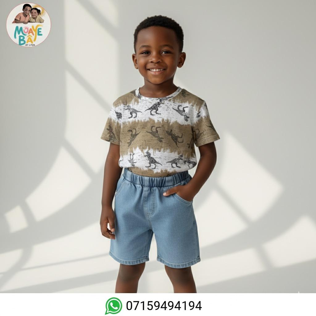 Ensemble Garçon – T-shirt Imprimé Dinosaures & Short Jean PROMOTION