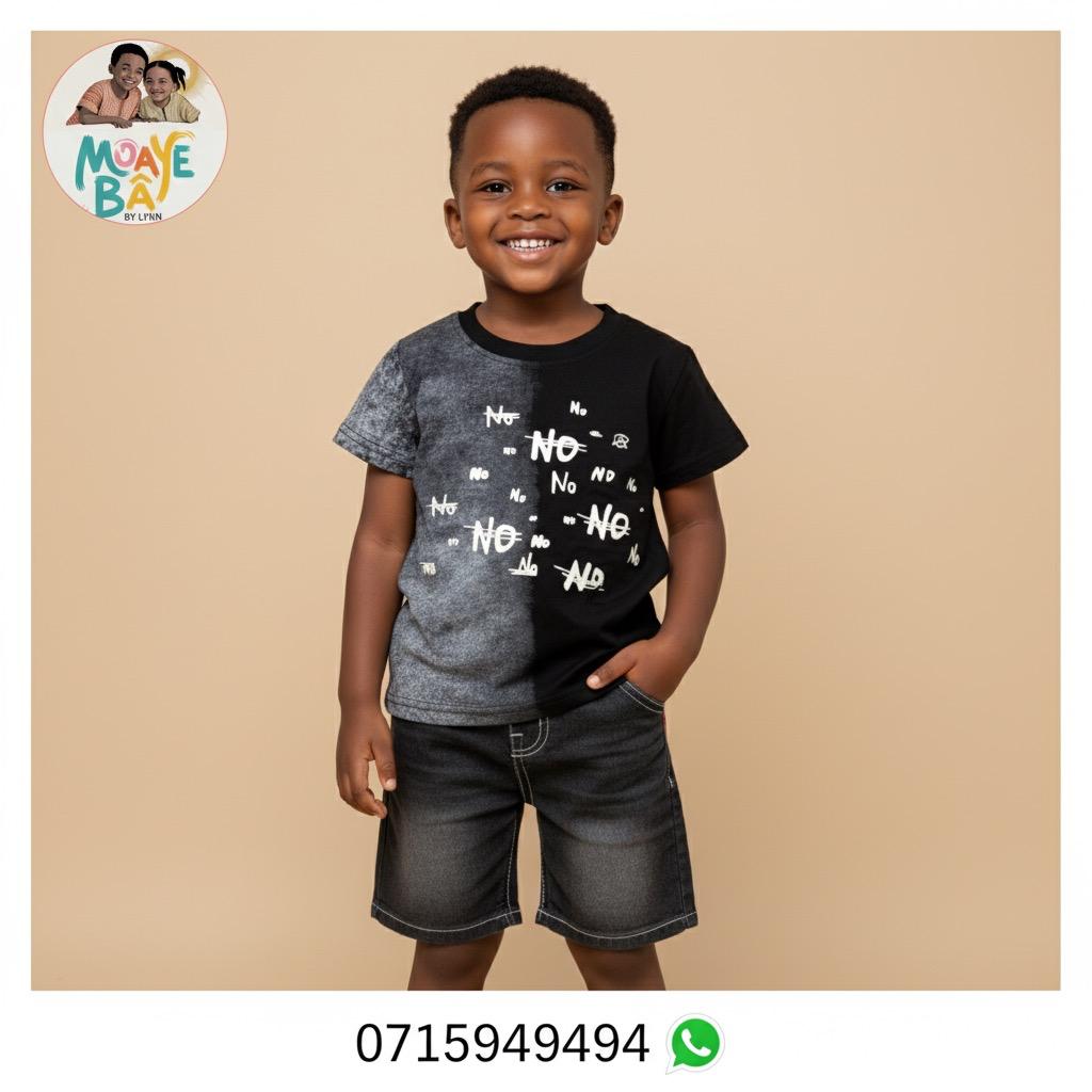 Ensemble 2 pièces Garçon – T-shirt Bicolore Imprimé "NO" & Short Jean PROMOTION