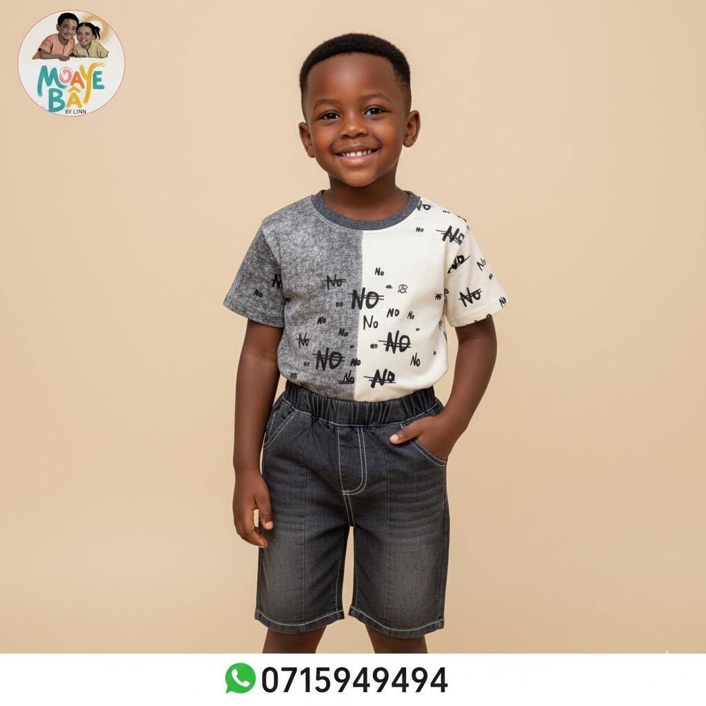 Ensemble 2 pièces Garçon – T-shirt Bicolore Imprimé "NO" & Short Jean PROMOTION