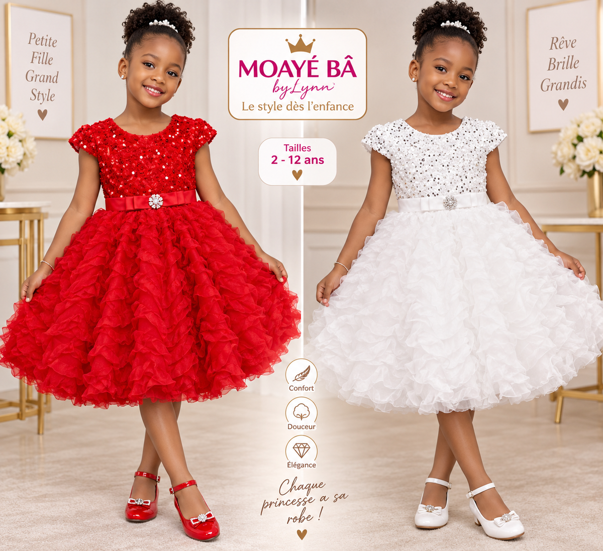 Robe de cérémonie fille L156 présentée en rouge et blanc, haut à sequins, ceinture bijou et jupe ample à volants.