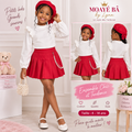 Ensemble fille 9585 : haut blanc à volants et jupe plissée rouge, présenté avec un béret rouge.