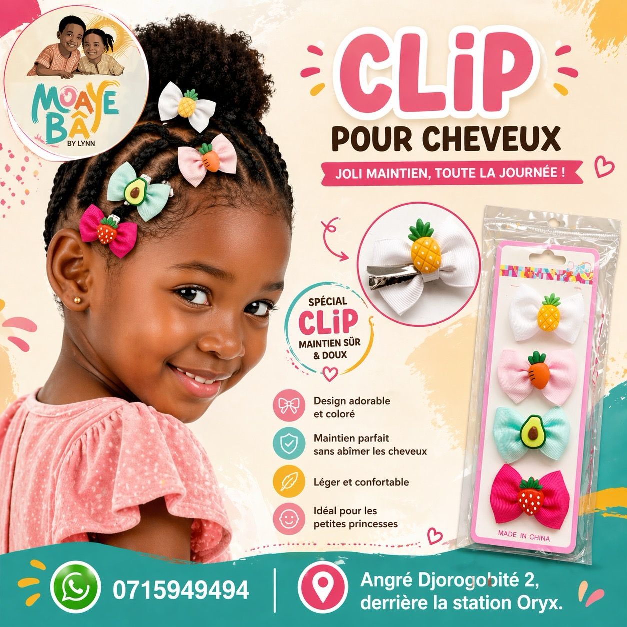 Clips pour Cheveux – Set de 4 Barrettes Nœuds Fruités