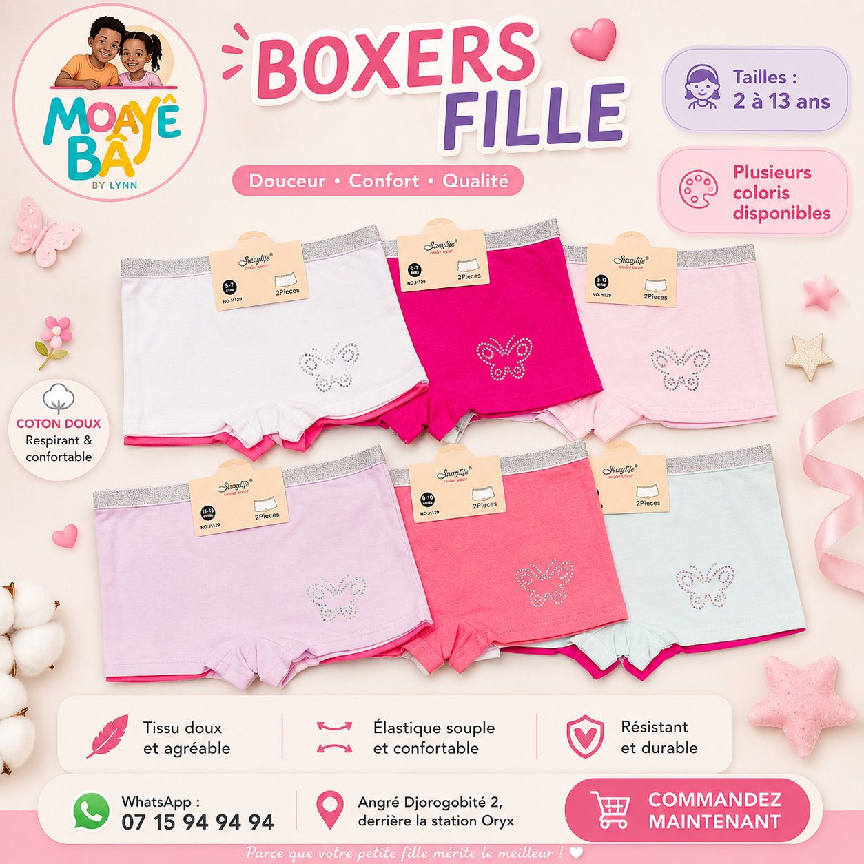 Boxers Fille – Lot de 2 | Coton Doux | Tailles 2 à 13 ans