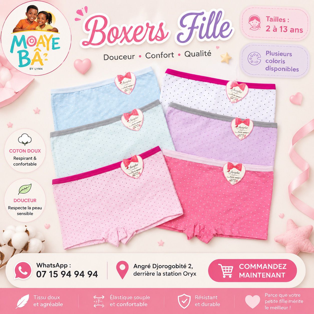 Boxers Fille – Lot de 2 | Coton Doux | Tailles 2 à 13 ans