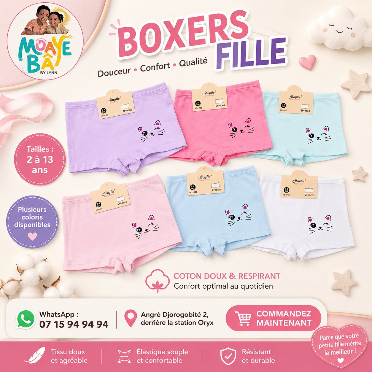 Boxers Fille – Lot de 2 | Coton Doux & Respirant | Tailles 2 à 13 ans