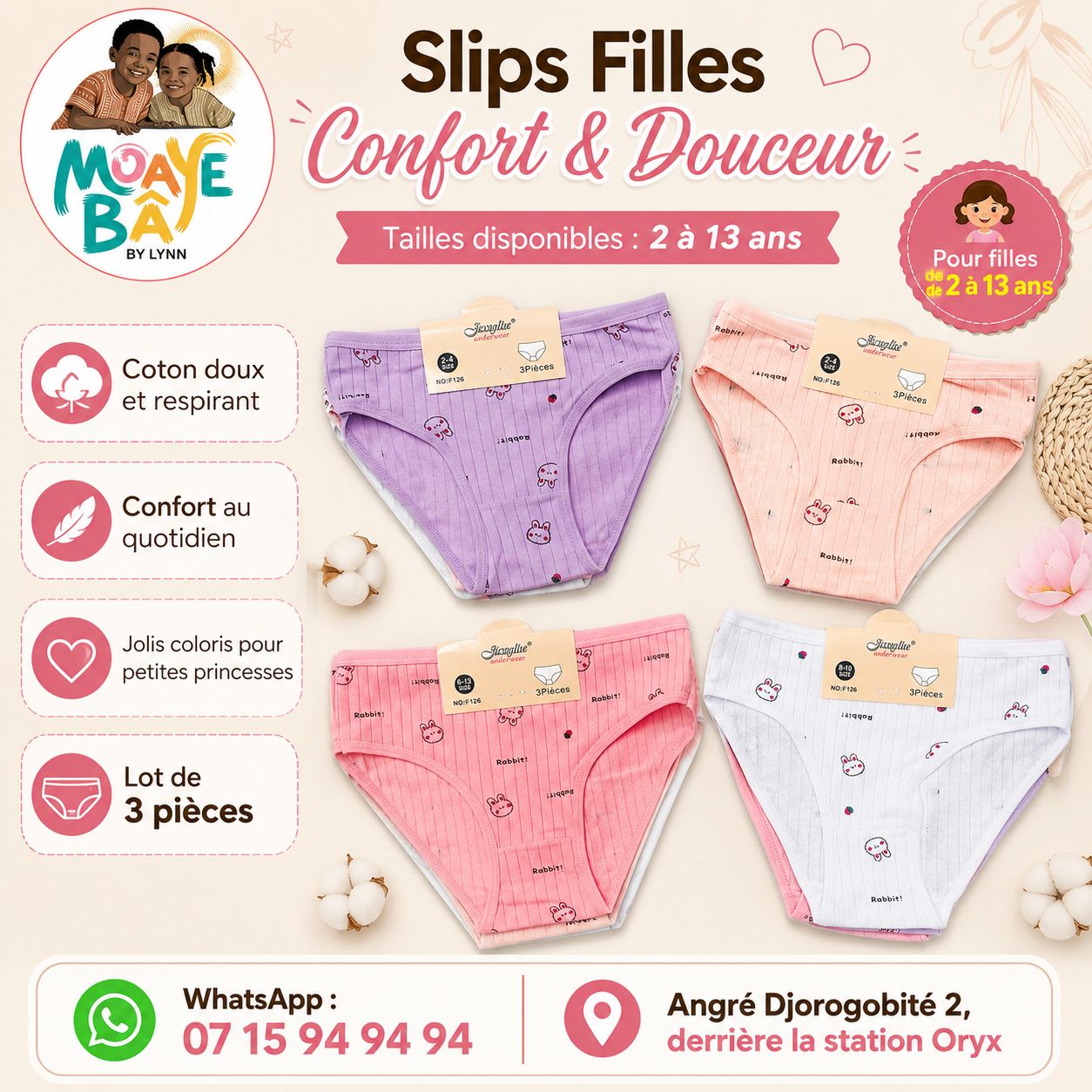 Lot de 3 Slips Filles – Coton Doux & Respirant | Tailles 2 à 13 ans
