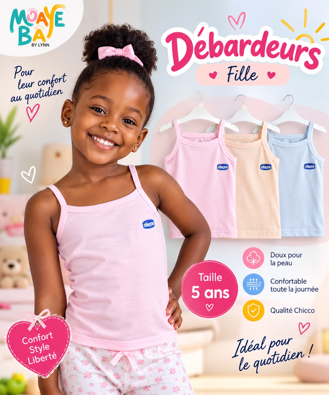 Lot de 3 débardeurs fille Chicco en rose, beige et bleu, taille 5 ans