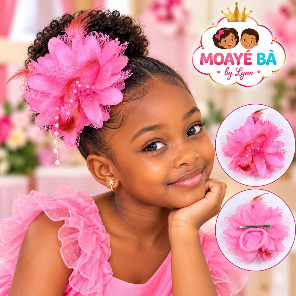 Barrette fleur rouge à plumes et perles pour fille