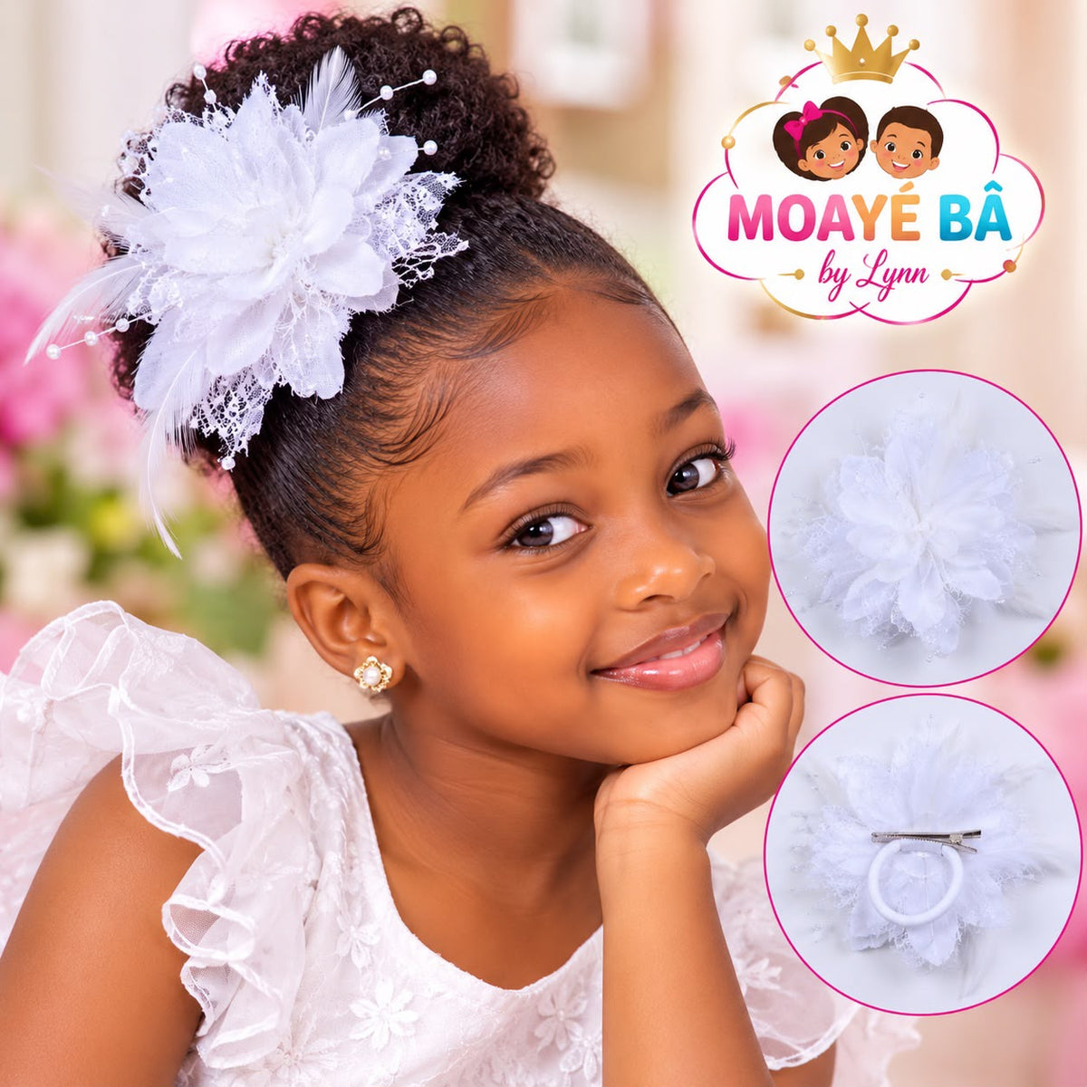 Barrette fleur rose à plumes et perles pour fille